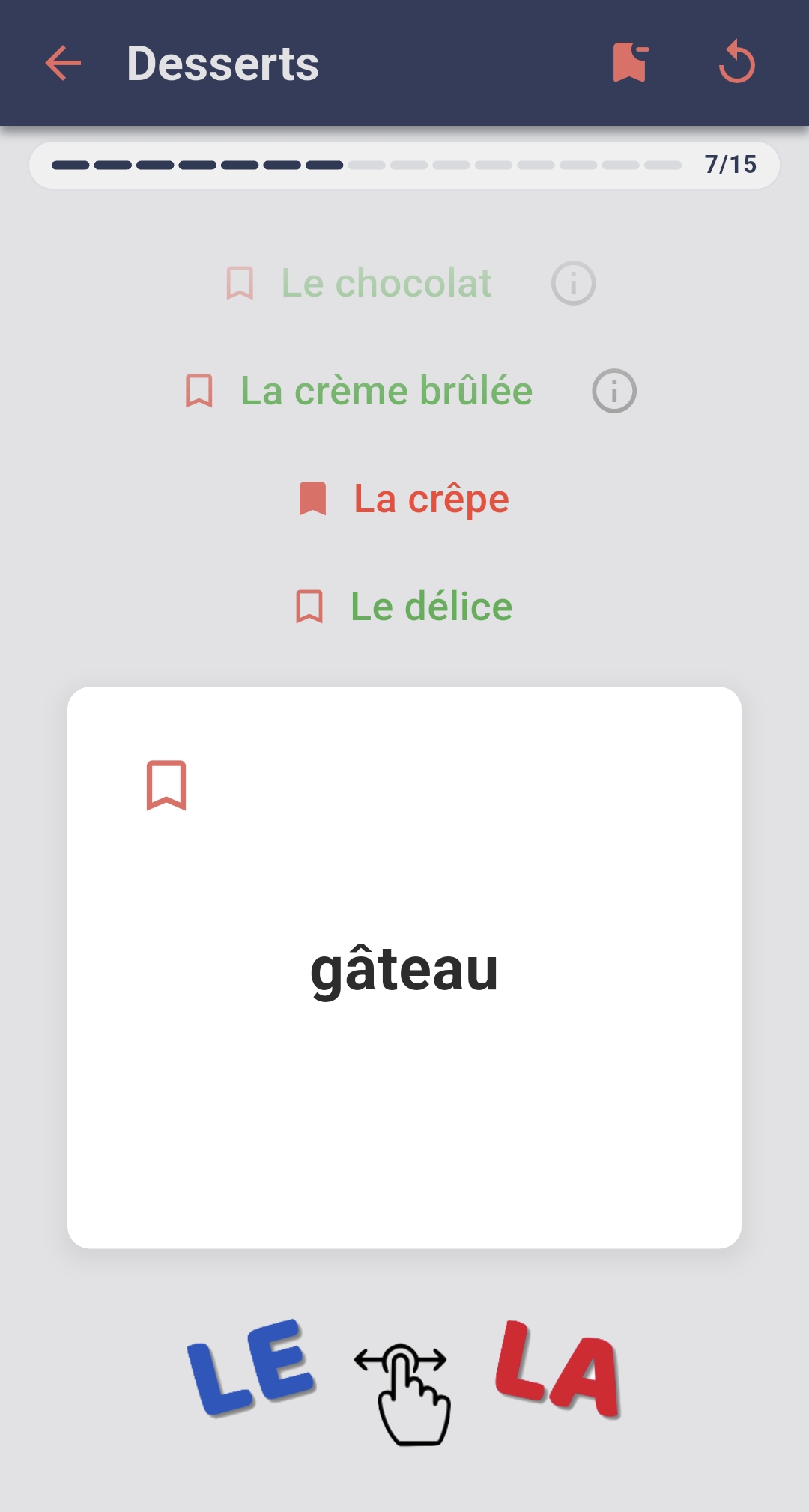 French practice screen showing gâteau, previous answers, and 7 of 15 cards completed.